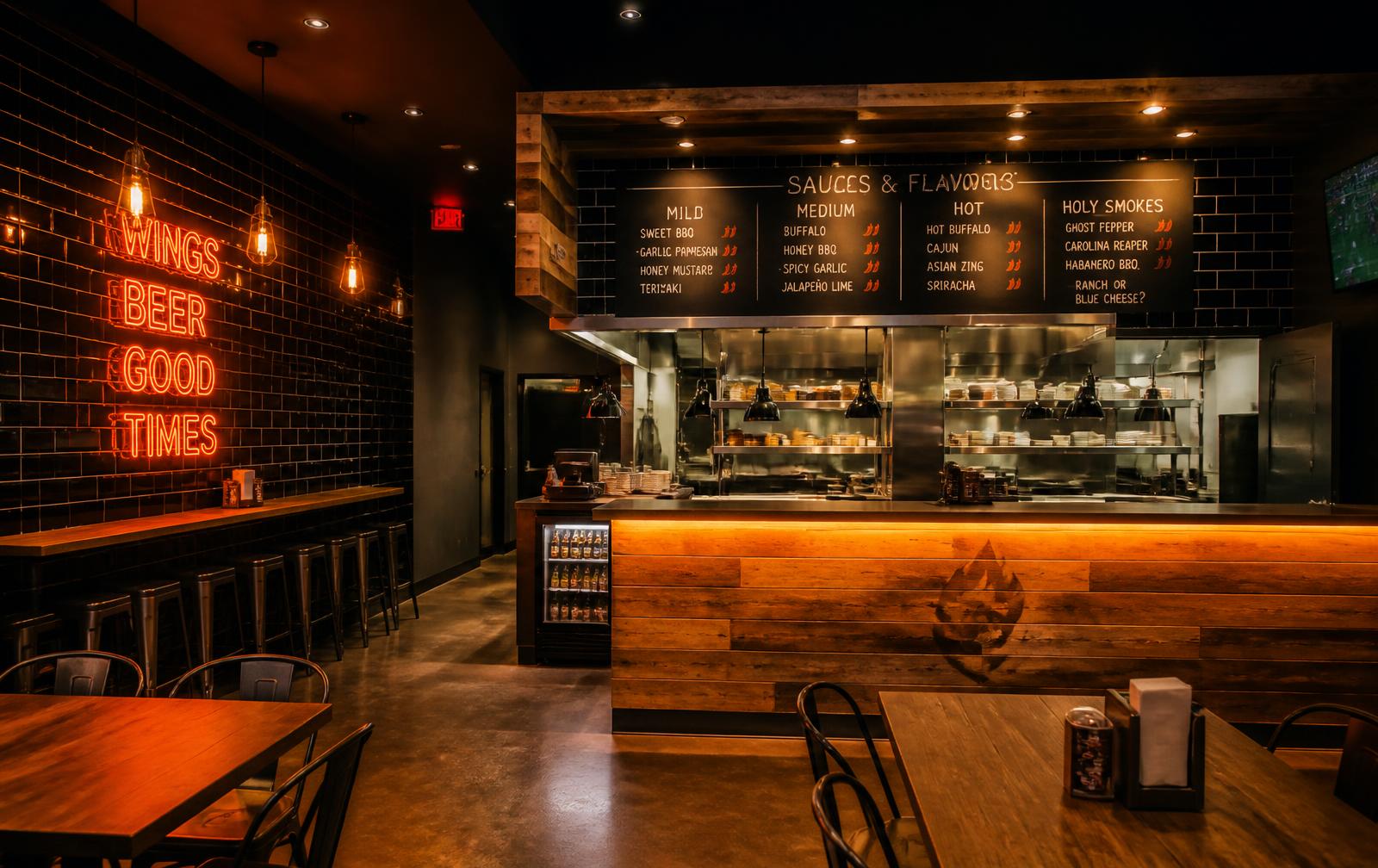The Wingman dining room: black tile, warm bulbs, neon and an open kitchen