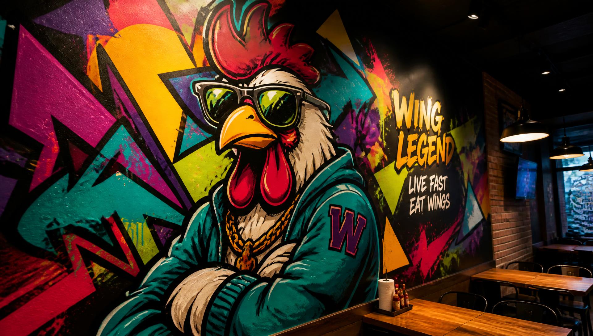 Colorful graffiti chicken mural painted across the dining room wall