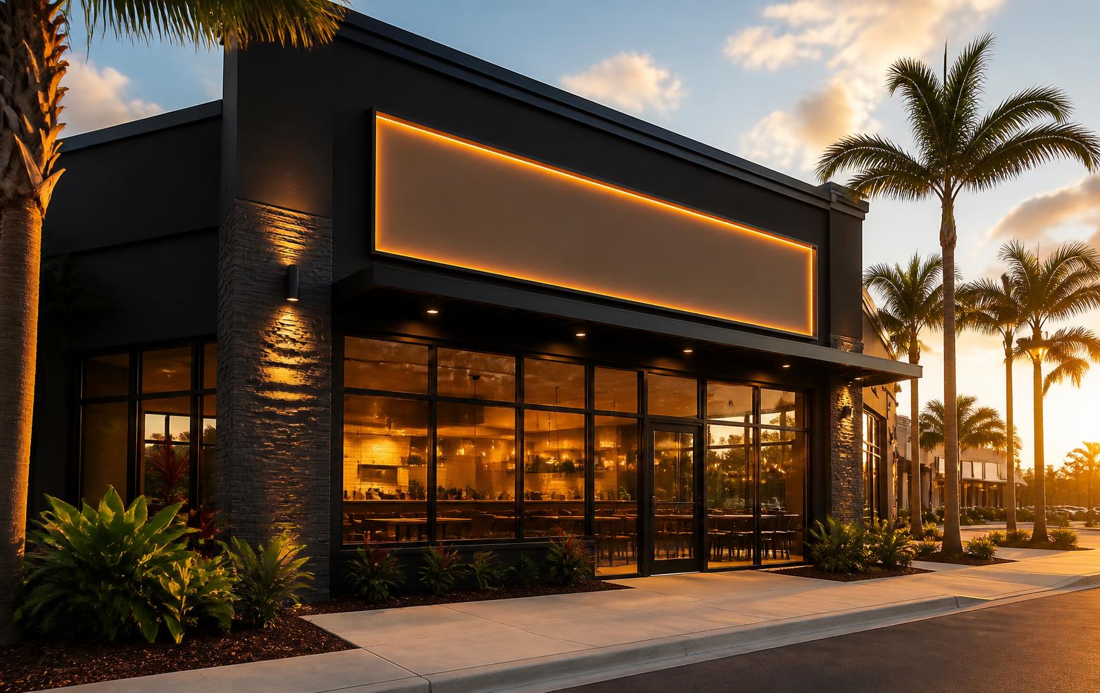 The Wingman storefront at dusk with warm interior light