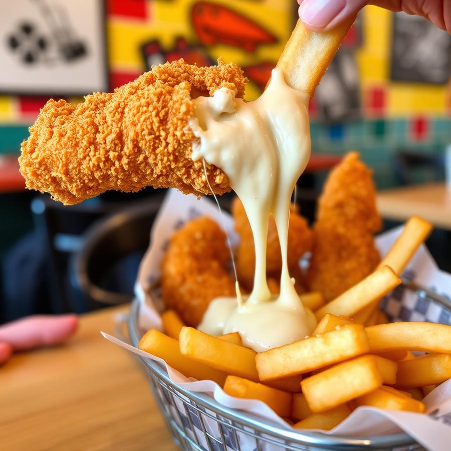 Hand-breaded tenders, fries and a sauced mozzarella cheese pull